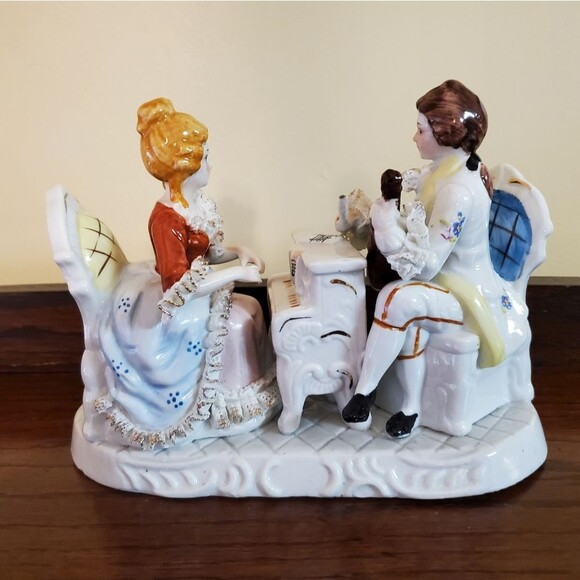 Vtg Dresden Porcelain Lace Figurine Victorian Couple Playing Violin and Piano - Picture 2 of 10